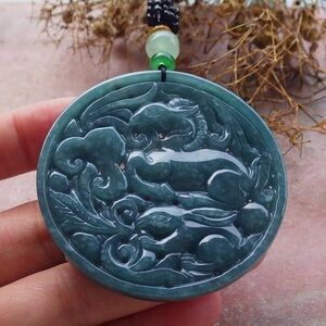 Elegant Certificate Jadeite Jade Hand Carved Green Sheep Goat Bat Ruyi Pendant